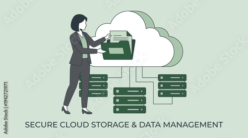 Female data administrator in formal suit organizing digital document folders into large cloud storage icon with server racks, concept for cloud computing, data security and digital archiving