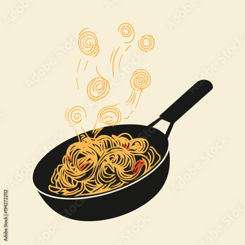 Spaghetti Cooking in a Frying Pan with Steam