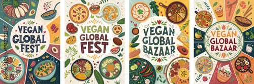 Colorful illustrations promoting Vegan Global Fest and Bazaar events.