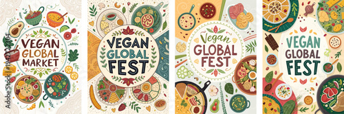 Colorful vegan market and festival illustrations showcasing diverse dishes.