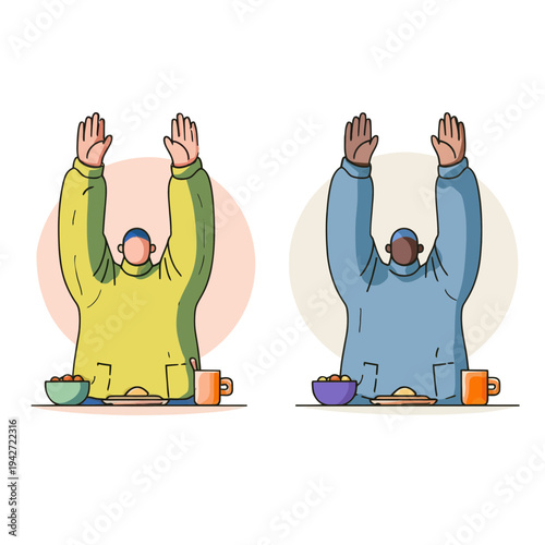 Two men giving thanks before a meal with raised hands