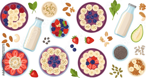 Healthy Smoothie Bowl Breakfast Collection with Banana, Strawberry, Blueberry, Nuts, Seeds, Almond Milk, and Fresh Fruit Nutritious Vector Illustration Set