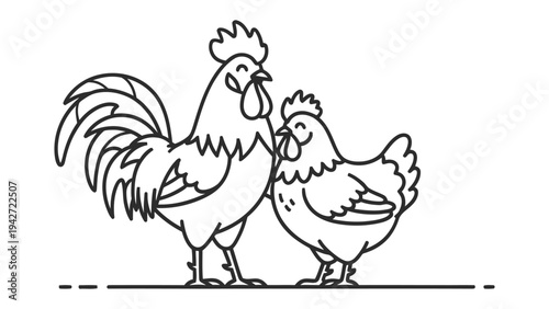 Farmyard Fowl: A charming linear illustration of a proud rooster and a hen standing side-by-side, showcasing their distinctive features in a simple yet elegant design.
