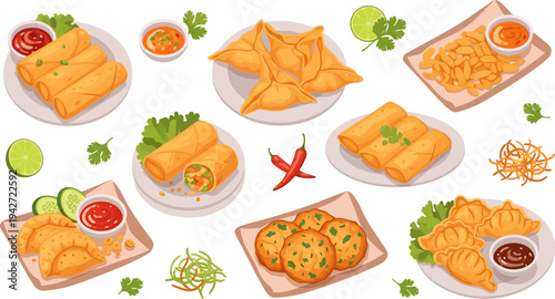 Indian Street Food Snack Collection with Samosa, Spring Rolls, Pakora, Fried Snacks, Chutney Dips, and Traditional Indian Appetizer Vector Illustration Set