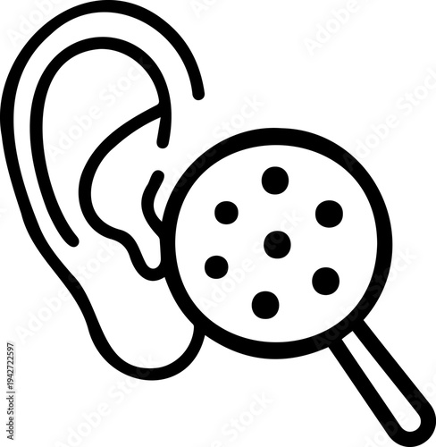 Human Ear with Magnifying Glass Icon, Otolaryngology Checkup and Hearing Health Vector Outline