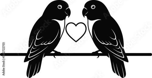 Romantic parrot couple silhouette sitting on branch with heart symbol lovebirds illustration for valentine wedding nature wildlife vector design art