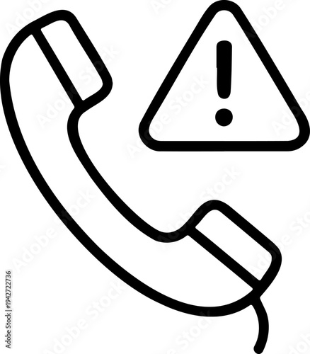 Minimalist black line art telephone receiver with exclamation mark warning triangle icon, representing emergency call, fraud alert, and technical support issues