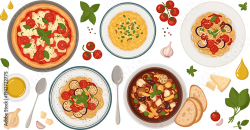 Italian Cuisine Dish Collection with Pizza, Pasta, Risotto, Vegetable Soup, Fresh Tomatoes, Basil, Cheese, and Olive Oil Mediterranean Food Vector Illustration Set
