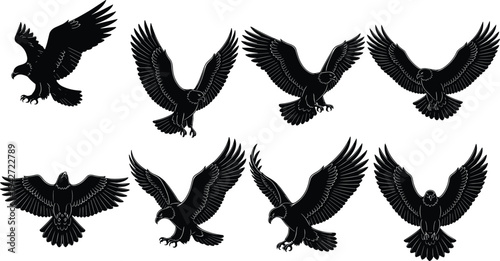 Vector collection of eight bald eagle silhouettes in various flying and landing poses isolated on white background for patriotic and wildlife design
