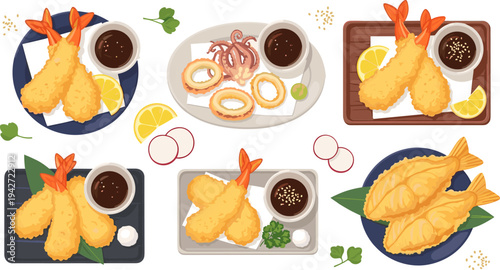 Japanese Tempura Seafood Platter Collection with Fried Shrimp, Squid Rings, Whole Fish, Lemon Slices, and Dipping Sauce Asian Cuisine Vector Illustration Set