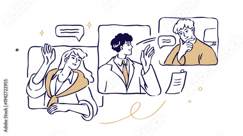 Business communication, team work. People messaging, sharing information, work tasks. Online conversations, teamwork, corporate group interaction. Flat vector illustration isolated on white background