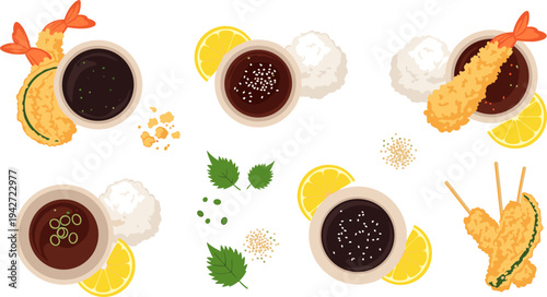 Japanese Tempura Shrimp and Vegetable Collection with Dipping Sauce, Lemon Slices, Rice Balls, and Sesame Asian Cuisine Vector Illustration Set