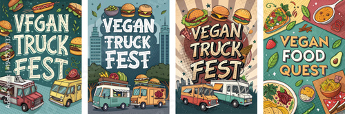 Colorful illustrations promoting a vegan truck fest with delicious food showcases.