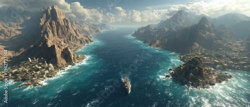 Geopolitical significance of the hormuz strait: a strategic focus. Movie cover. Detailed mapping of the hormuz strait between iran and oman. Epic poster. Cinematic poster.