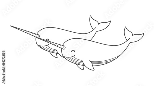 Playful Narwhals: Two whimsical narwhals, with their iconic spiraled tusk and endearing expressions, swim gracefully in a serene ocean, exuding joy and serenity.