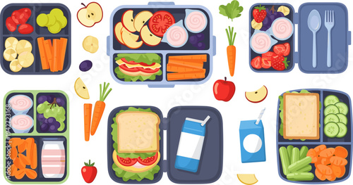 Kids School Lunchbox Meal Collection with Sandwiches, Fruits, Vegetables, Milk Carton, and Healthy Snack Bento Boxes Vector Illustration Set