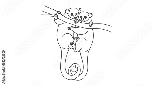 Adorable Possums on Branch: A pair of endearing possums cling to a delicate branch, their tails entwined, a testament to companionship, while a tiny one peers from below.