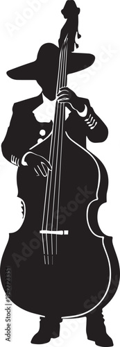 Man playing upright bass black vector silhouette illustration line art with hat