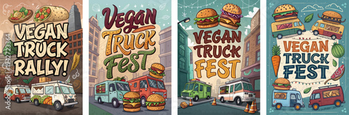 Colorful illustrations of vegan food truck festivals celebrating plant-based cuisine.