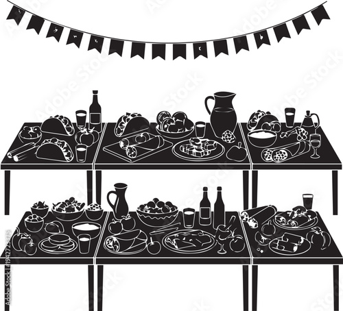 Mexican food buffet vector silhouette line art illustration featuring tacos and burritos
