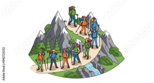 Group of Hikers on Mountain Trail.