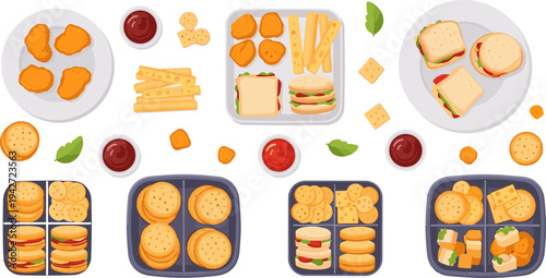 Kids Snack Lunchbox Collection with Mini Sandwiches, Crackers, Nuggets, Cheese Cubes, Burgers, and Dipping Sauces School Meal Vector Illustration Set
