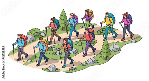 Group of Hikers Walking Together.