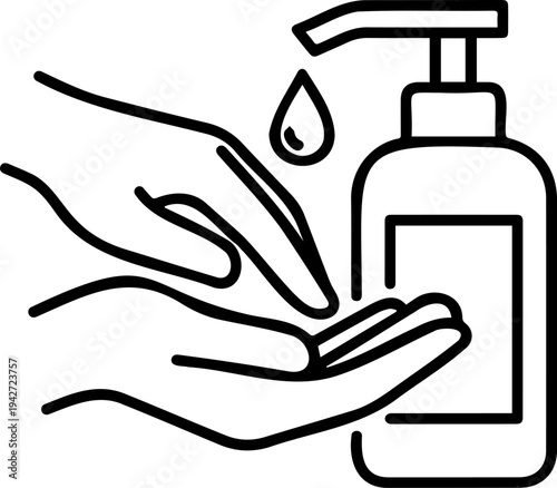 Hand Sanitizer Dispenser with Hands and Liquid Drop, Minimalist Hygiene Line Art Icon on White Background