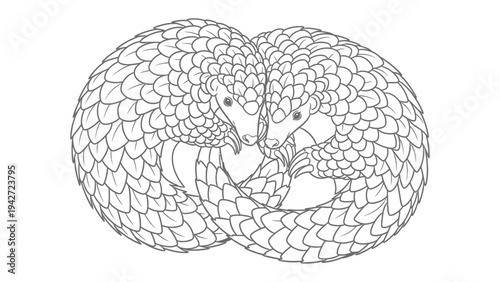 Pangolin Duo: Intricate line art depicts two pangolins, their scaled bodies intertwining in a tender embrace, showcasing unique textures and patterns. 
