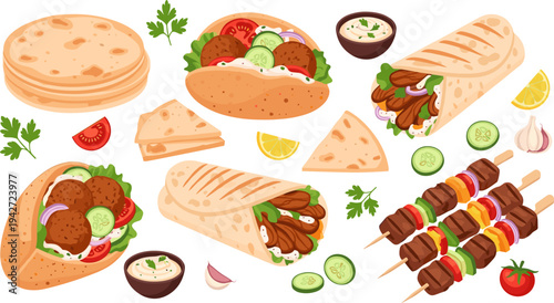 Middle Eastern Street Food Collection with Shawarma Wraps, Falafel Pita, Flatbread, Kebab Skewers, Garlic Sauce, and Fresh Vegetables Vector Illustration Set