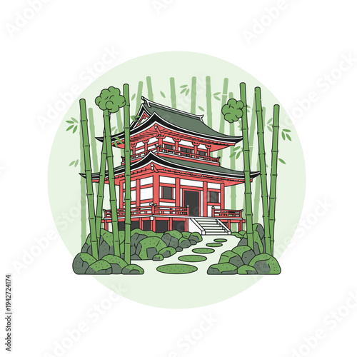 Traditional Japanese Pagoda Architecture Surrounded by Bamboo Forest.