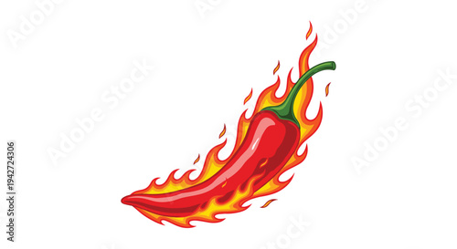 Spicy red chili pepper is engulfed in bright orange flames signifying intense heat and hot flavor for culinary illustrations.