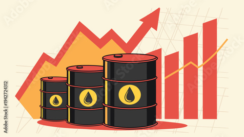 Oil barrels and upward charts illustrating global crude oil price increase and energy crisis.