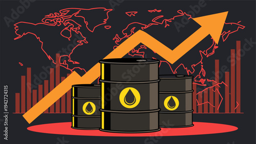 Rising crude oil prices with barrels and growth charts symbolizing global energy crisis and market instability.