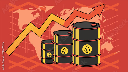 Oil industry crisis with barrels and upward financial charts illustrating global crude price rise.