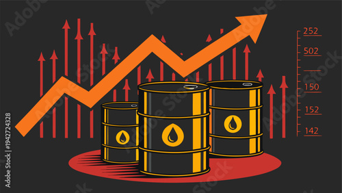 Energy crisis concept showing crude oil barrels and increasing market price charts.