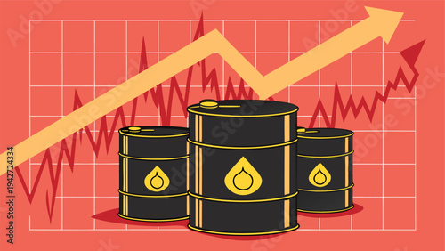 Energy market concept showing oil barrels and rising graphs indicating global fuel price surge.