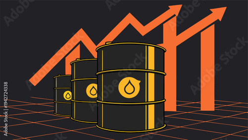 Oil price increase concept with barrels and rising financial charts representing global energy supply crisis.