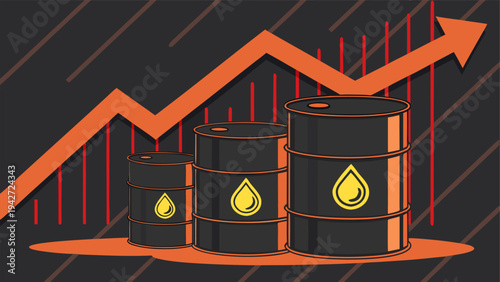 Rising crude oil prices visualized with barrels and growth graphs in global energy market.