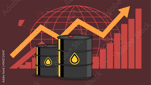 Energy crisis concept showing oil barrels with upward financial charts representing increasing crude oil prices.
