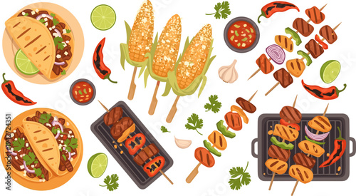 Mexican Street Food BBQ Collection with Tacos, Grilled Corn, Meat Skewers, Chili Peppers, Lime, Salsa Dips, and Spicy Latin Cuisine Vector Illustration Set