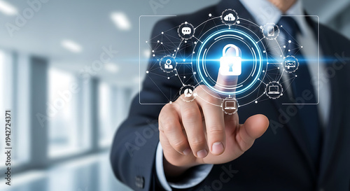 Professional touching a futuristic digital interface with a glowing padlock icon, symbolizing robust cybersecurity, data protection, and secure network access in a modern business environment