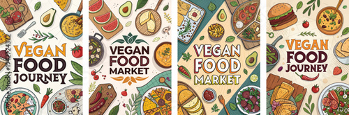 Colorful vegan food illustrations showcasing diverse dishes and ingredients.