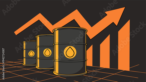Global crude oil price surge concept with rising charts and barrels, representing energy crisis.