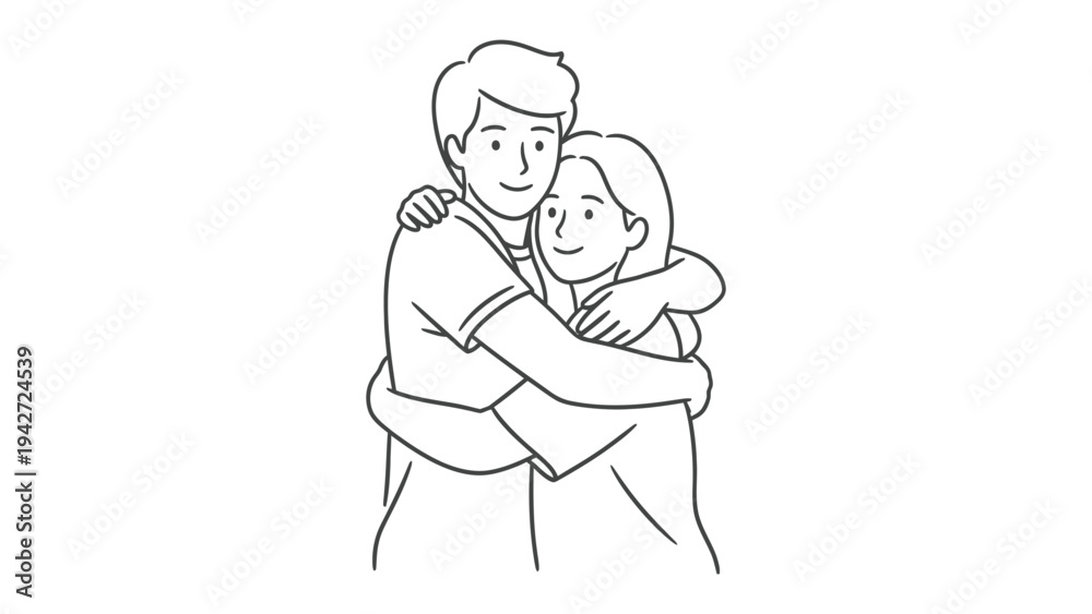 Obraz premium Embrace of Unity: A tender sketch captures the essence of closeness as a pair shares an intimate hug, symbolizing warmth, affection, and togetherness.
