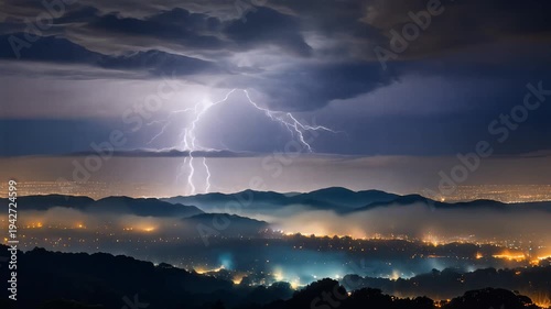 Powerful lightning storm over a hazy city at night, illuminating urban sprawl and highlighting the visible Air Pollution & Environmental Risk for populations