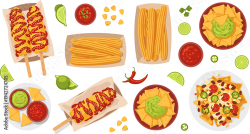 Mexican Street Food Snack Collection with Churros, Nachos, Corn Dogs, Guacamole, Salsa Dips, Chili Peppers, and Tortilla Chips Vector Illustration Set