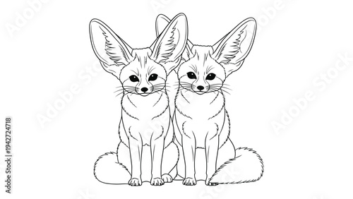 Delicate Fox Duo: A detailed line drawing showcases two adorable foxes with striking features, each with large, expressive ears. A testament to artistic skill and the beauty of these creatures.