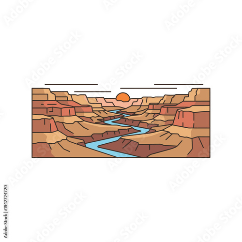 Grand Canyon Landscape with Winding River and Sunset.