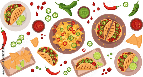 Mexican Street Food Taco and Nachos Collection with Chili Peppers, Lime, Salsa, Jalapeno, and Tortilla Chips Spicy Latin Cuisine Vector Illustration Set